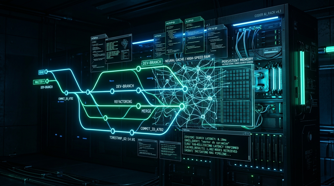 Production architectural diagram: Git-native OKF agent memory and in-memory BM25 retrieval engine on Docker Swarm