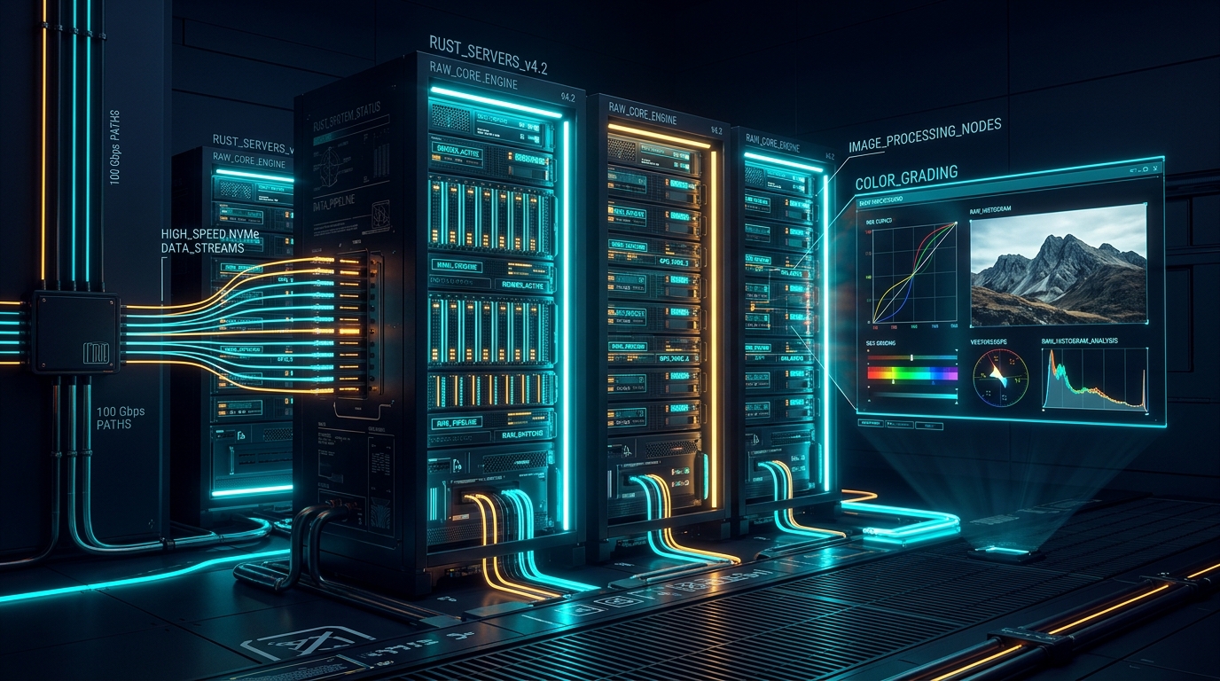 Production architectural diagram: Rust-based Lightcraft raw photo pipeline on Docker Swarm NVMe VPS